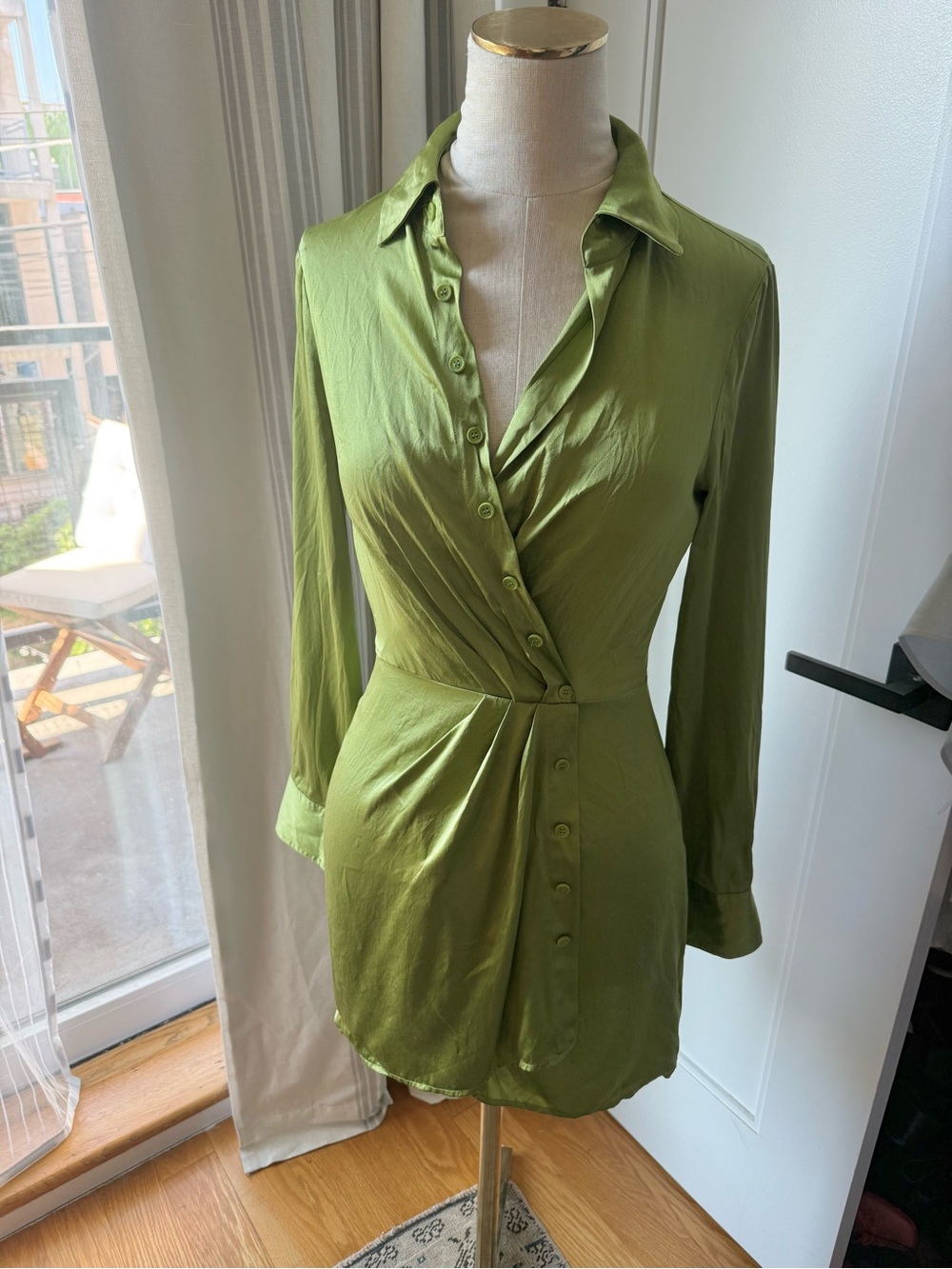 Alaine Chartreuse Wrap-Style Button Front Dress